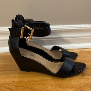Call It Spring Black Wedge Sandals with Gold Buckle Ankle Strap